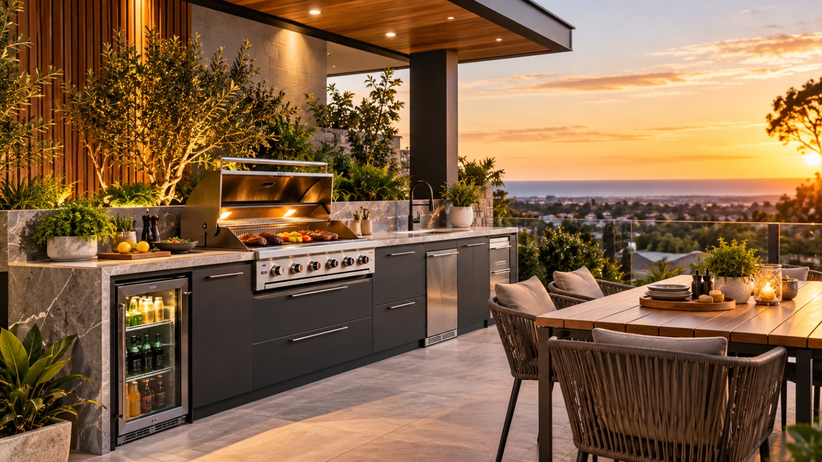 Outdoor kitchen with built-in BBQ, stone benchtops and alfresco dining area at sunset